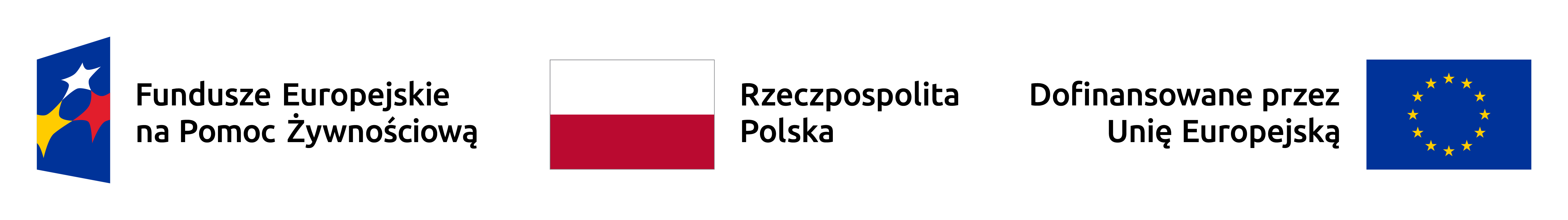 Logotypy: Fundusze Europejskie Pomoc Żywnościowa, Rzeczpospolita Polska, Unia Europejska, Bank Żywności w Częstochowie.  Kolorowe w wersji poziomej. 