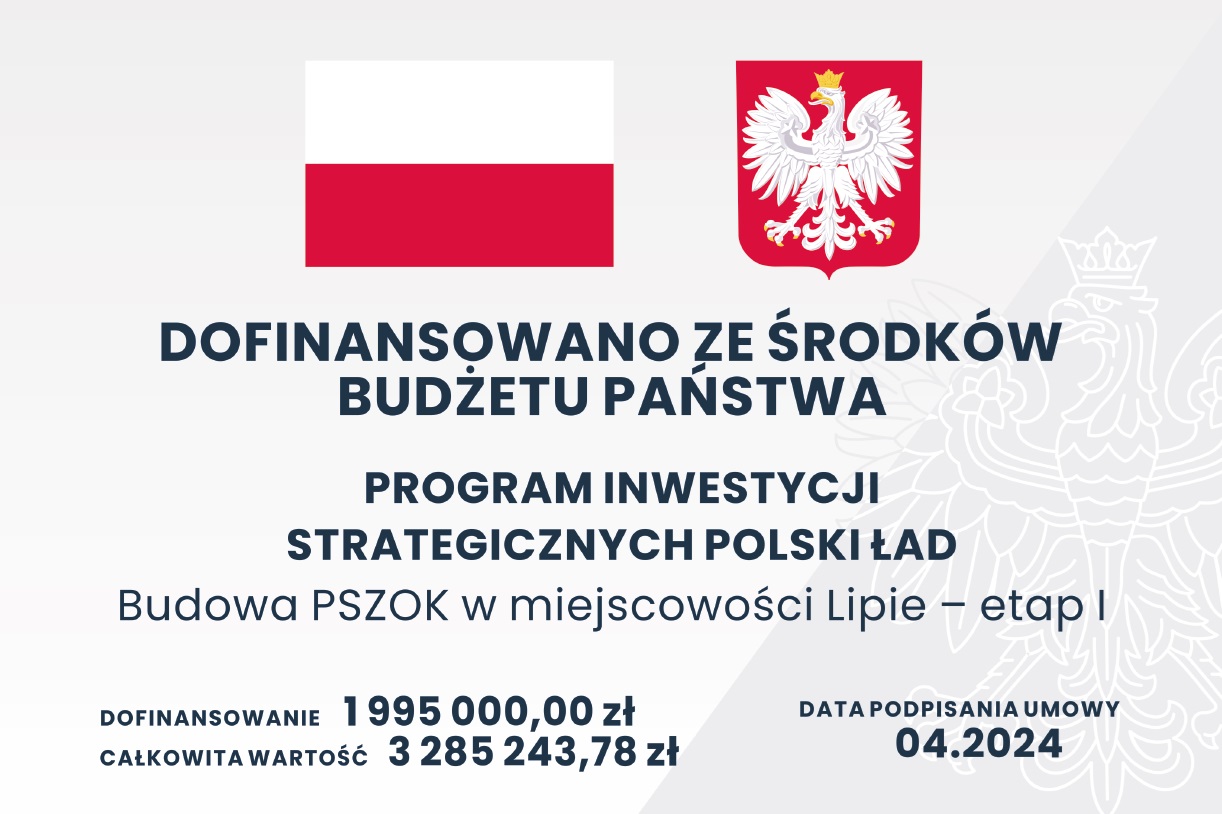 Tablica informacyjna z flagą Polski oraz godłem Polski z nazwą zadania i krótkim opisem inwestycji.