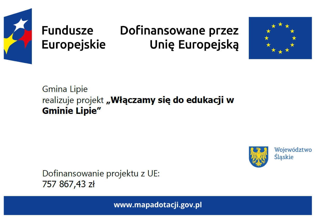 Tablica informacyjna na białym tle z flagą Unii Europejskiej oraz Logo  Funduszu Europejskiego, z nazwą zadania oraz krótkim opisem celu przedsięwzięcia. 