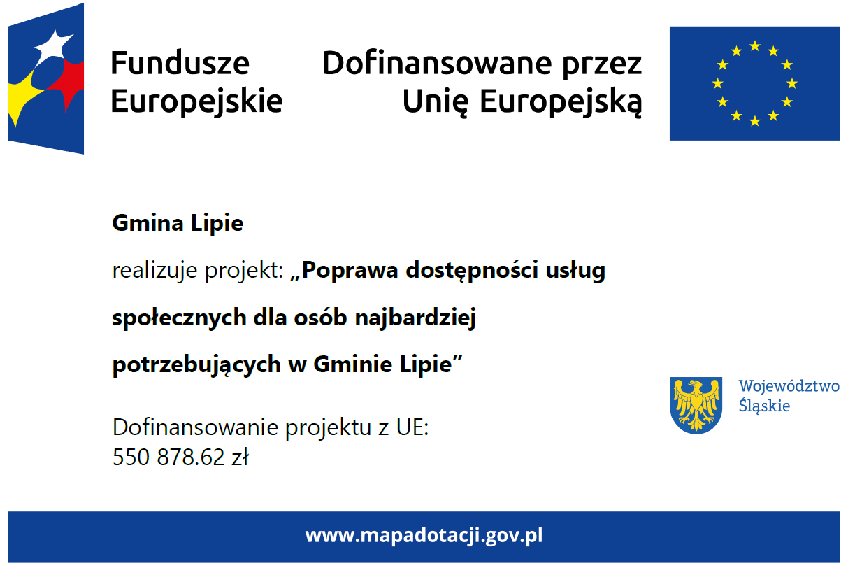 Tablica informacyjna na białym tle z flagą Unii Europejskiej oraz Logo  Funduszu Europejskiego, z nazwą zadania oraz krótkim opisem celu przedsięwzięcia. 