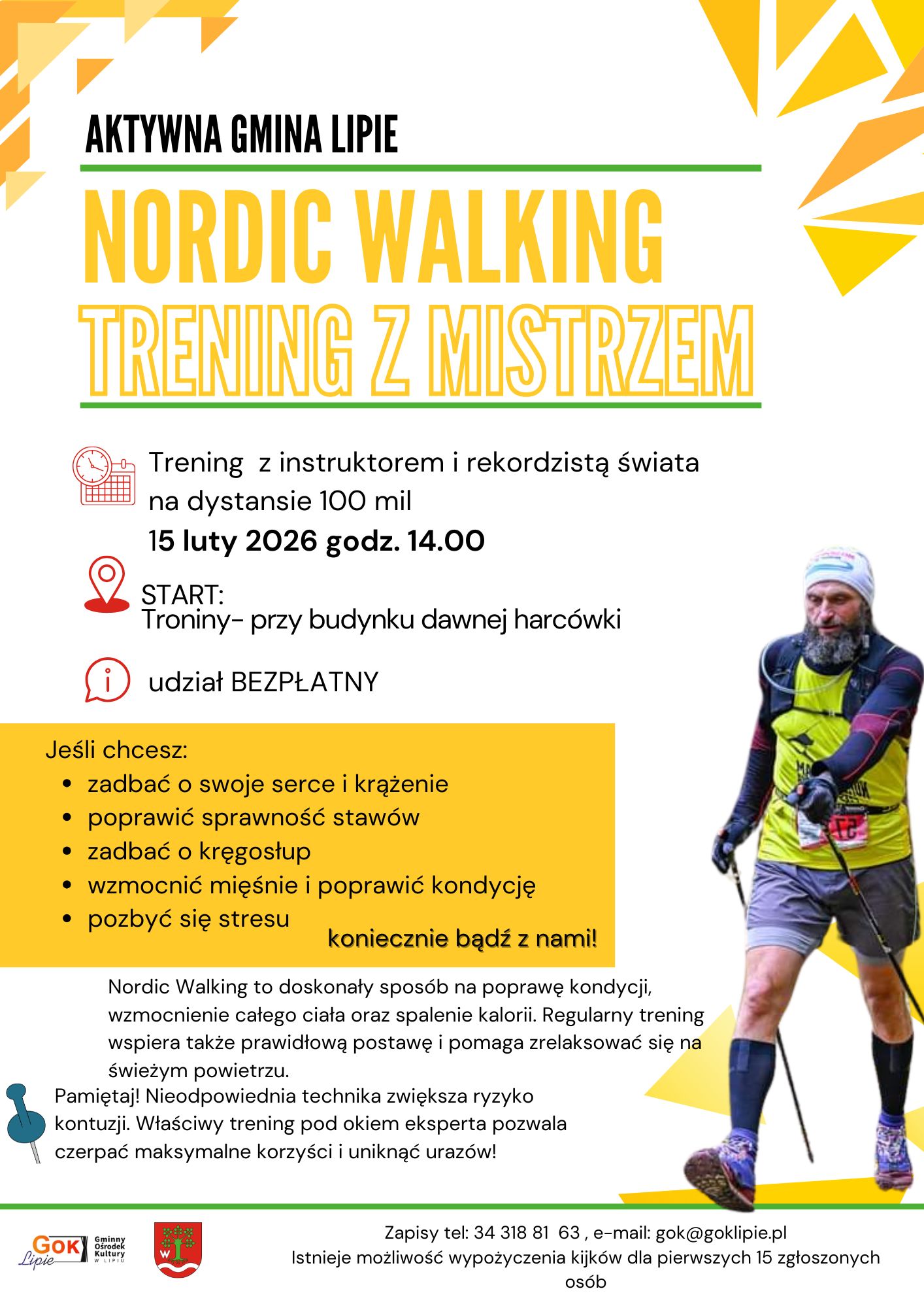 Plakat z informacjami o treningu nordic walking ze startem 15 lutego o 14:00 w Troninach koło byłej harcówki.