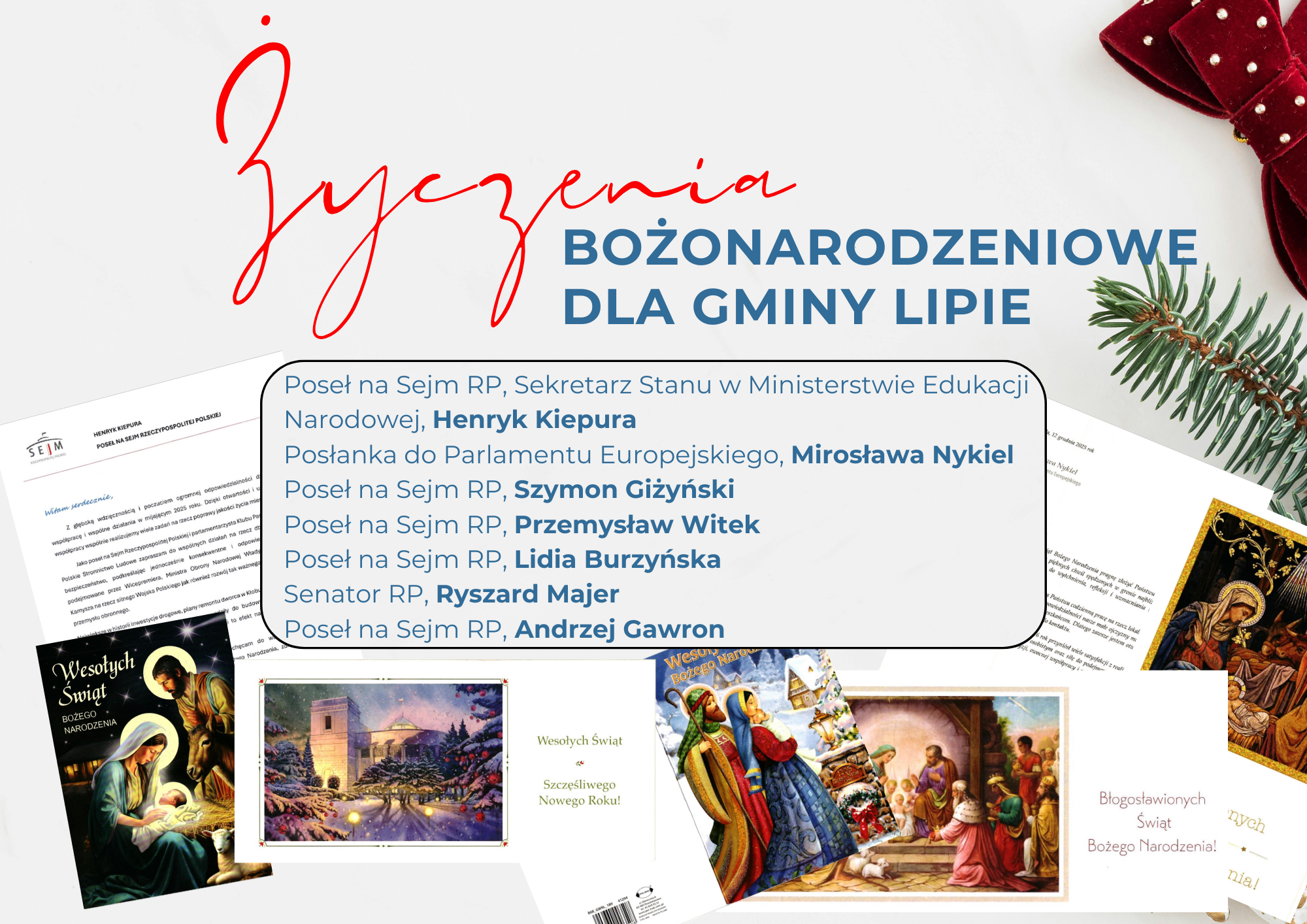 Karta z napisem życzenia bożonarodzeniowe dla Gminy Lipie i miniaturkami życzeń 