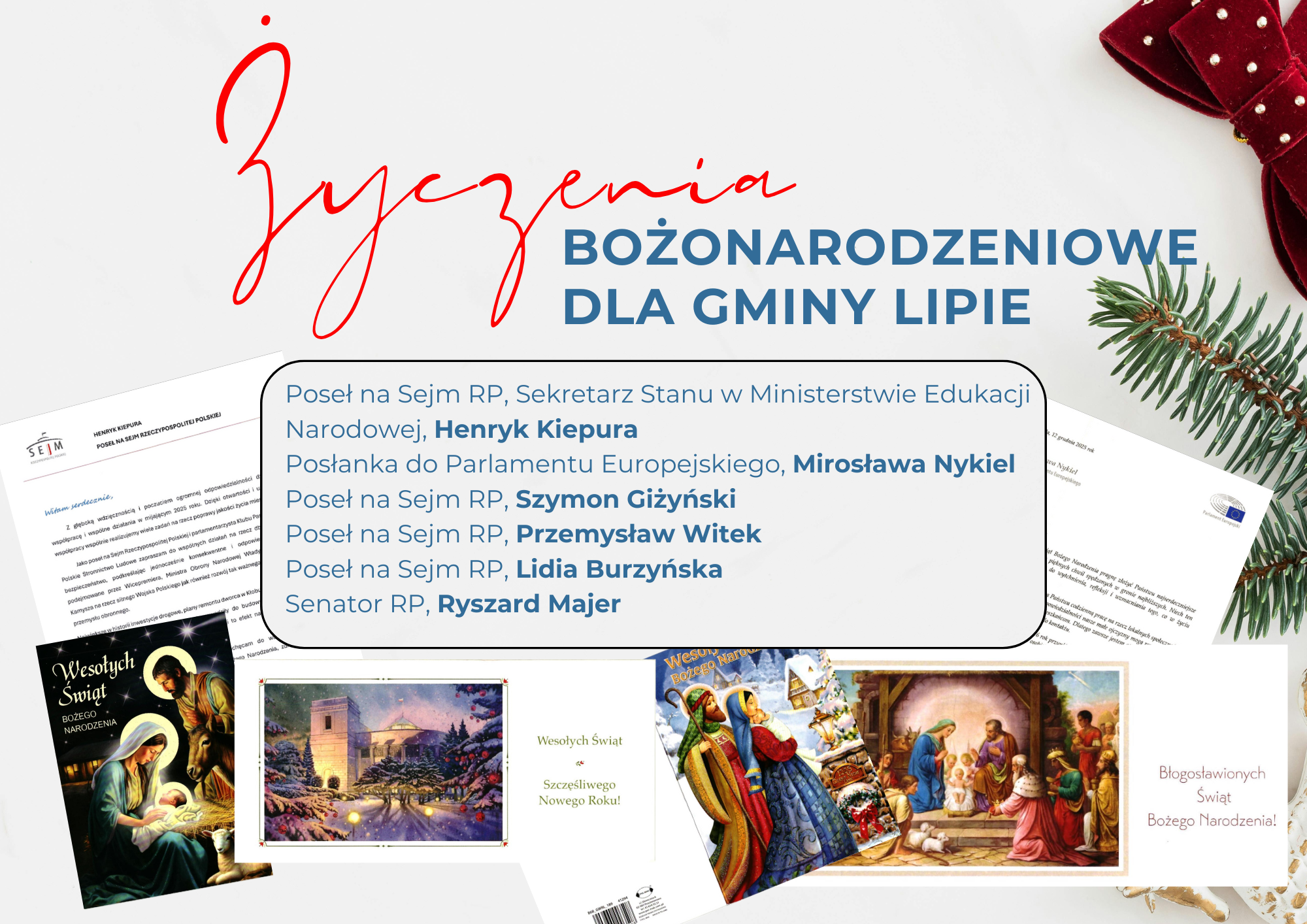 Karta z napisem życzenia bożonarodzeniowe dla Gminy Lipie i miniaturkami życzeń 