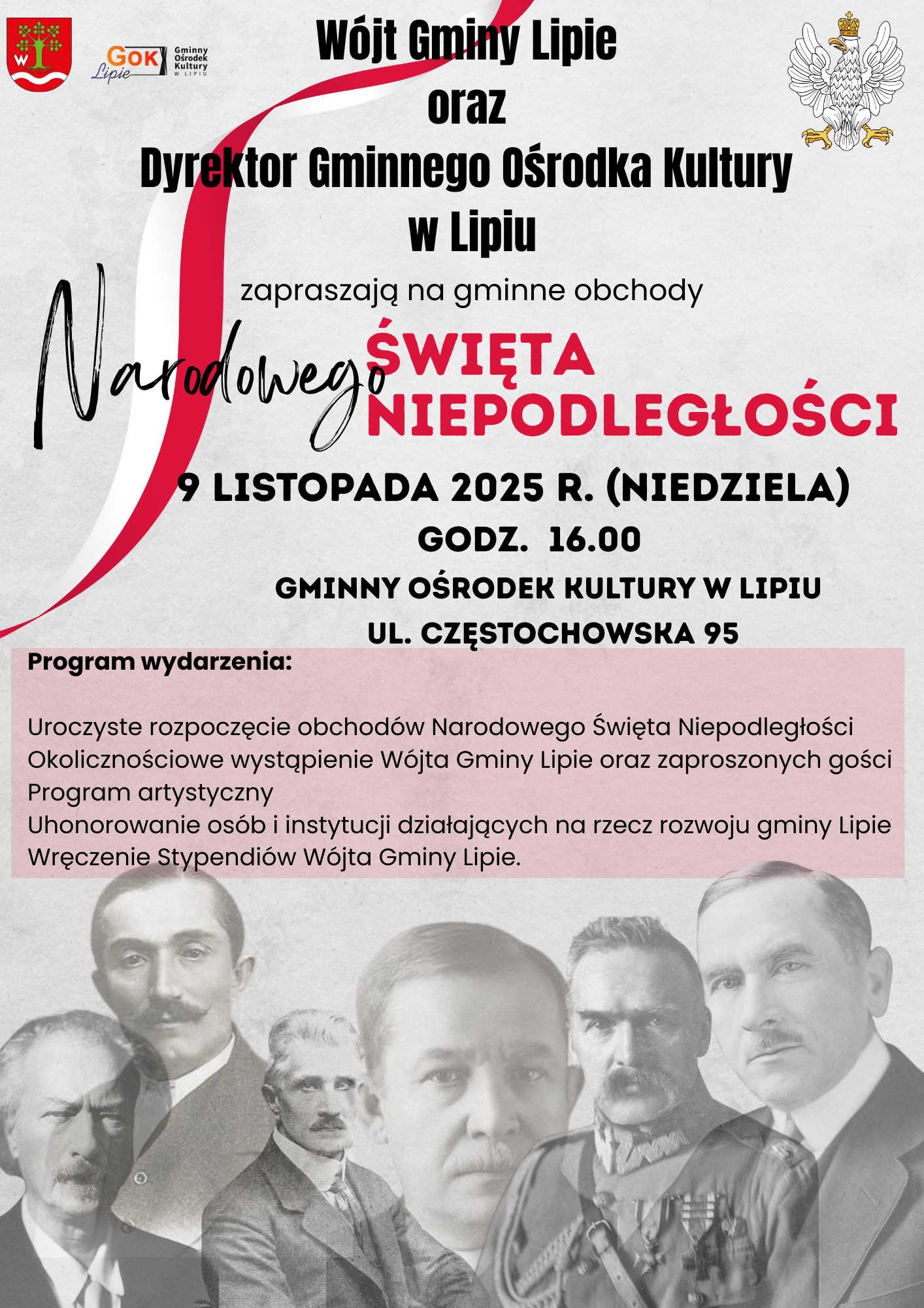 Plakat zapraszający na gminne obchody Narodowego święta Niepodległosci