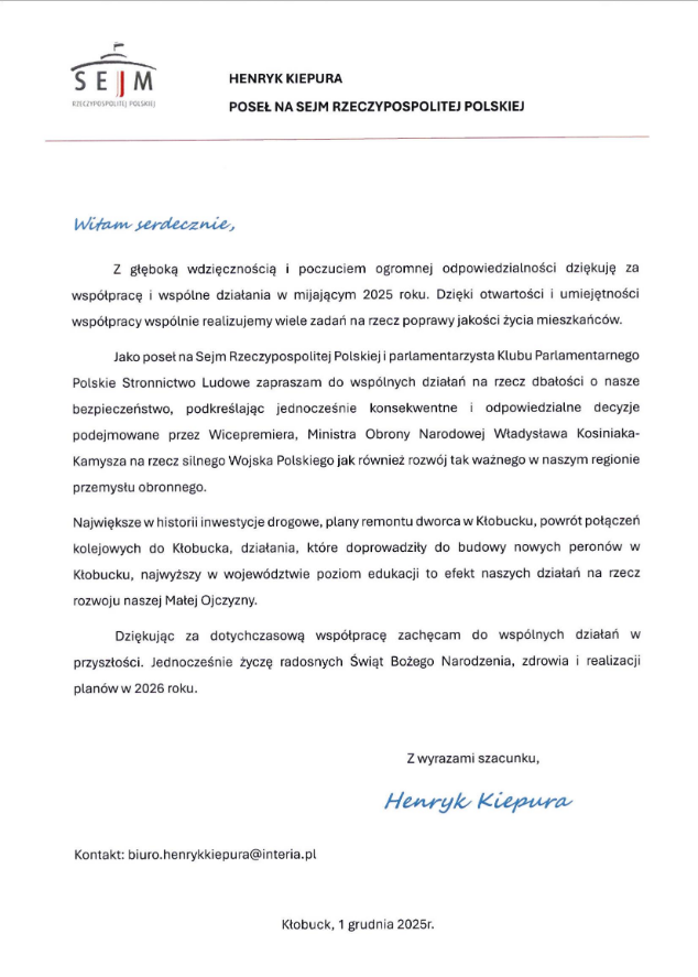 Życzenia od Posła na Sejm RP Henryka Kiepury