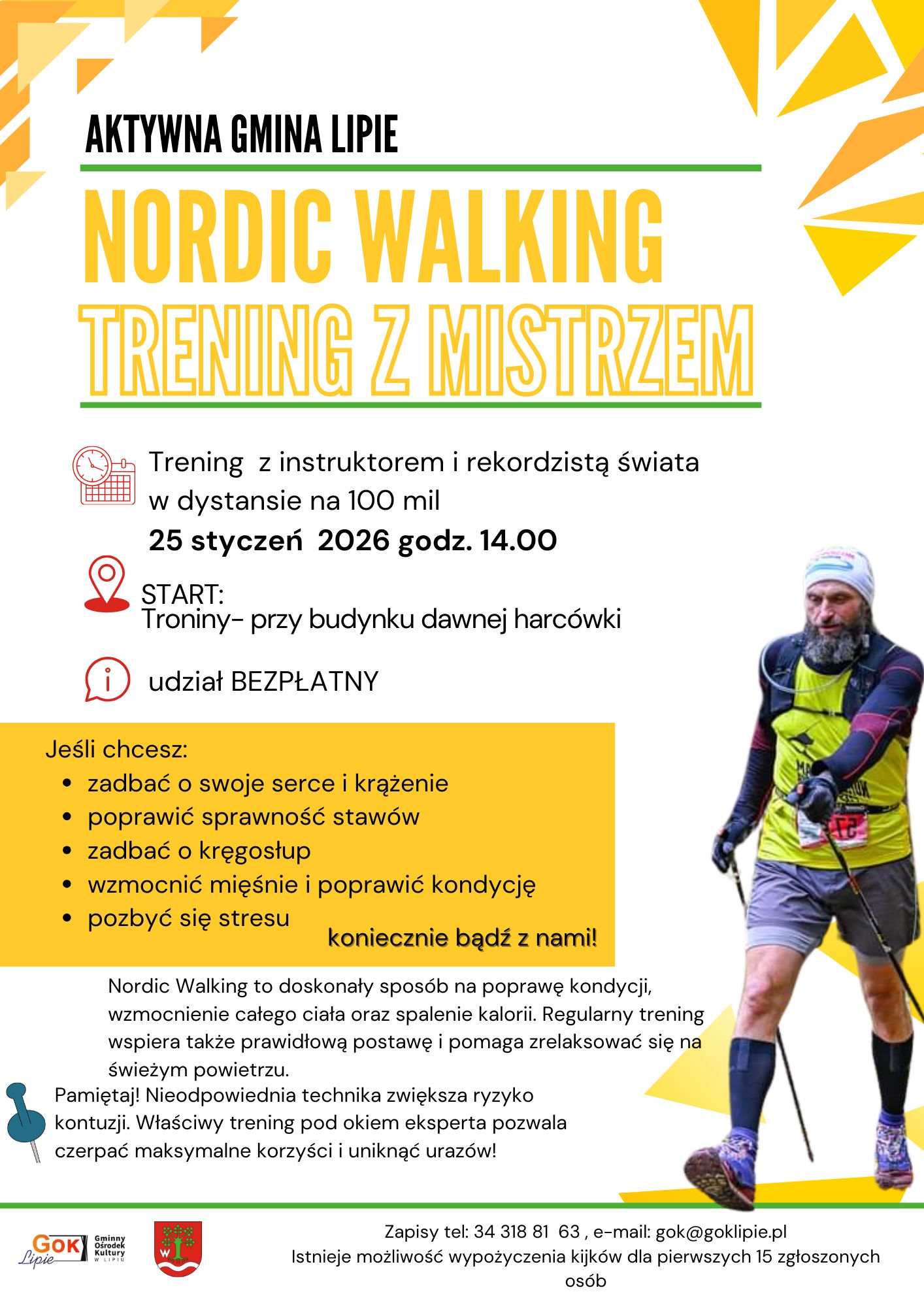 Plakat zapraszający na trening nordic walking 25 stycznia 2026