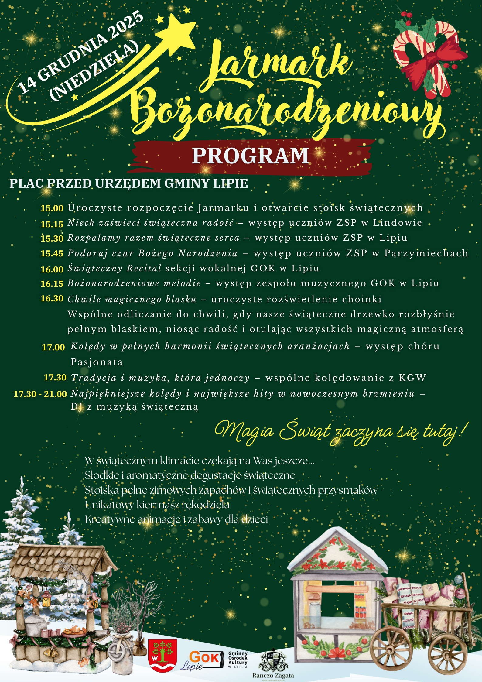 Plakat z programem Jarmarku Bożonarodzeniowego, który odbędzie się 14 grudnia 2025 roku przed Urzędem Gminy Lipie