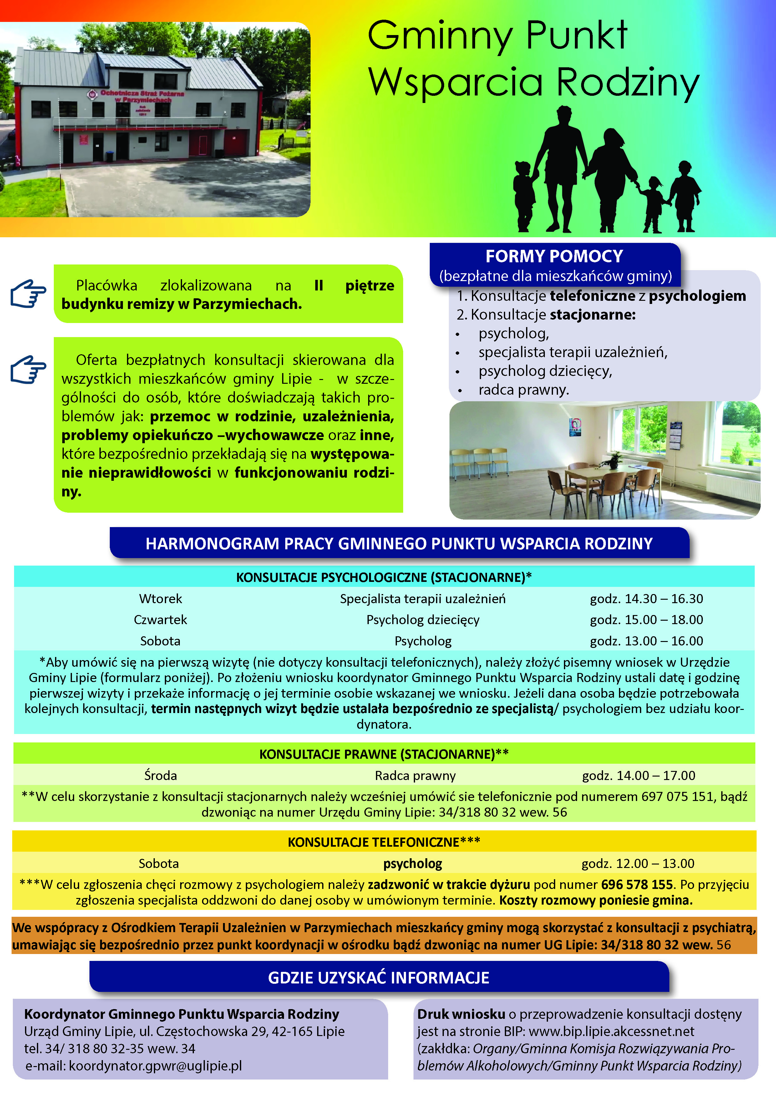 Zdjęcie przedstawia informacje dotyczące funkcjonowania oraz harmonogram pracy Gminnego Punktu Wsparcia Rodziny