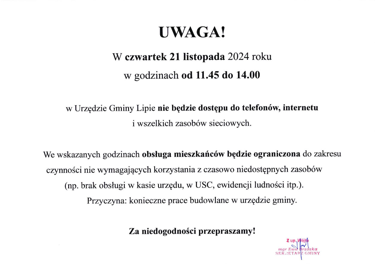 Komnikat o czasowej ograniczonej dostępności usług świadczonych w urzędzie gminy