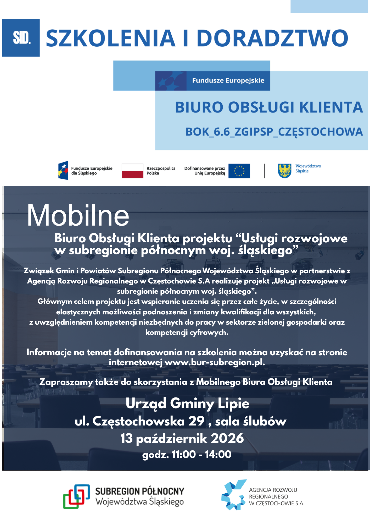 Plakat dotyczący konsultacji w ramach projektu "Usługi rozwojowe w subregionie północnym"