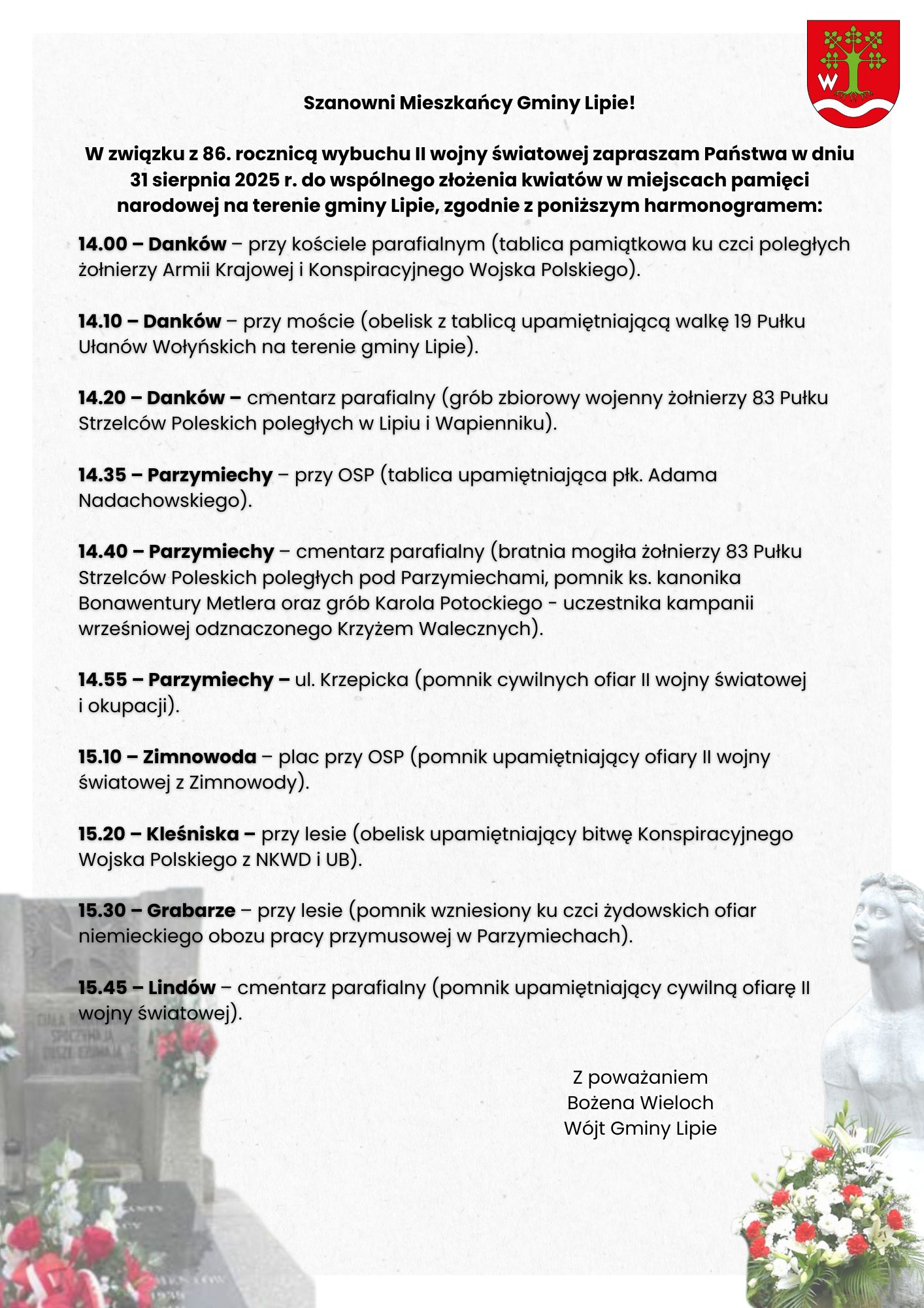 Harmonogram składania kwiatów w związku z obchodami 86 rocznicy wybuchu II wojny światowej
