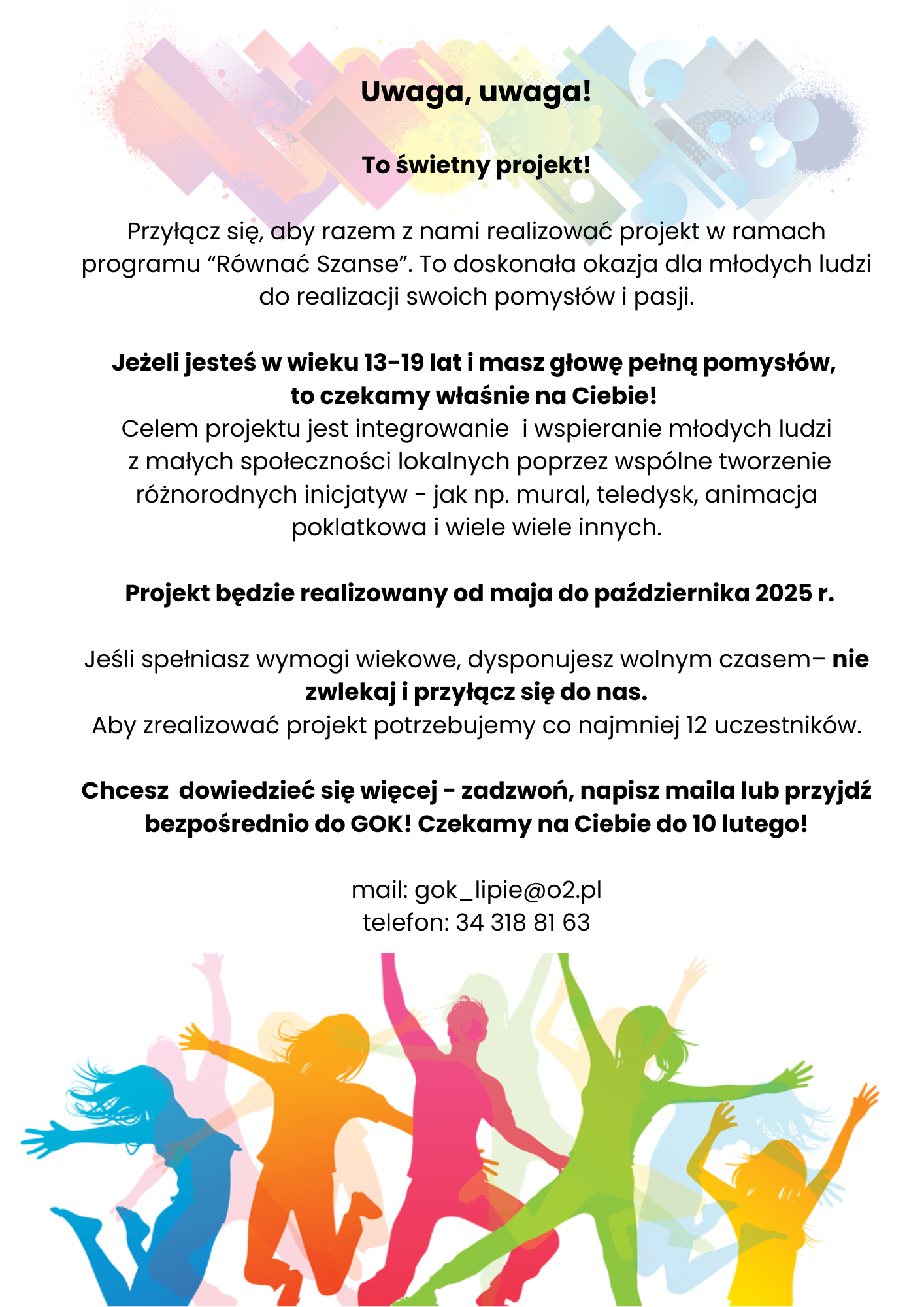 Plakat zapraszający młodzież do wzięcia udziału w projekcie Równać Szanse