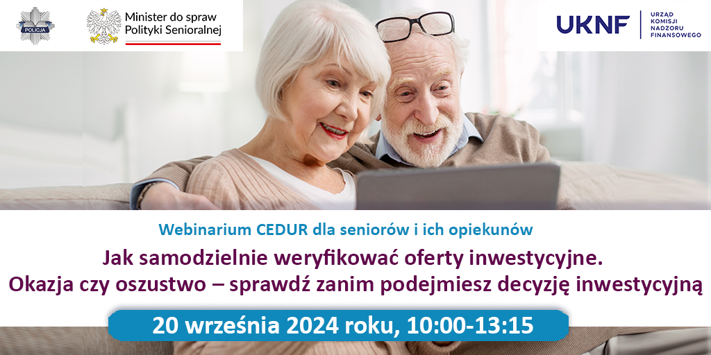 Grafika informacyjna na temat webinarium dla seniorów.