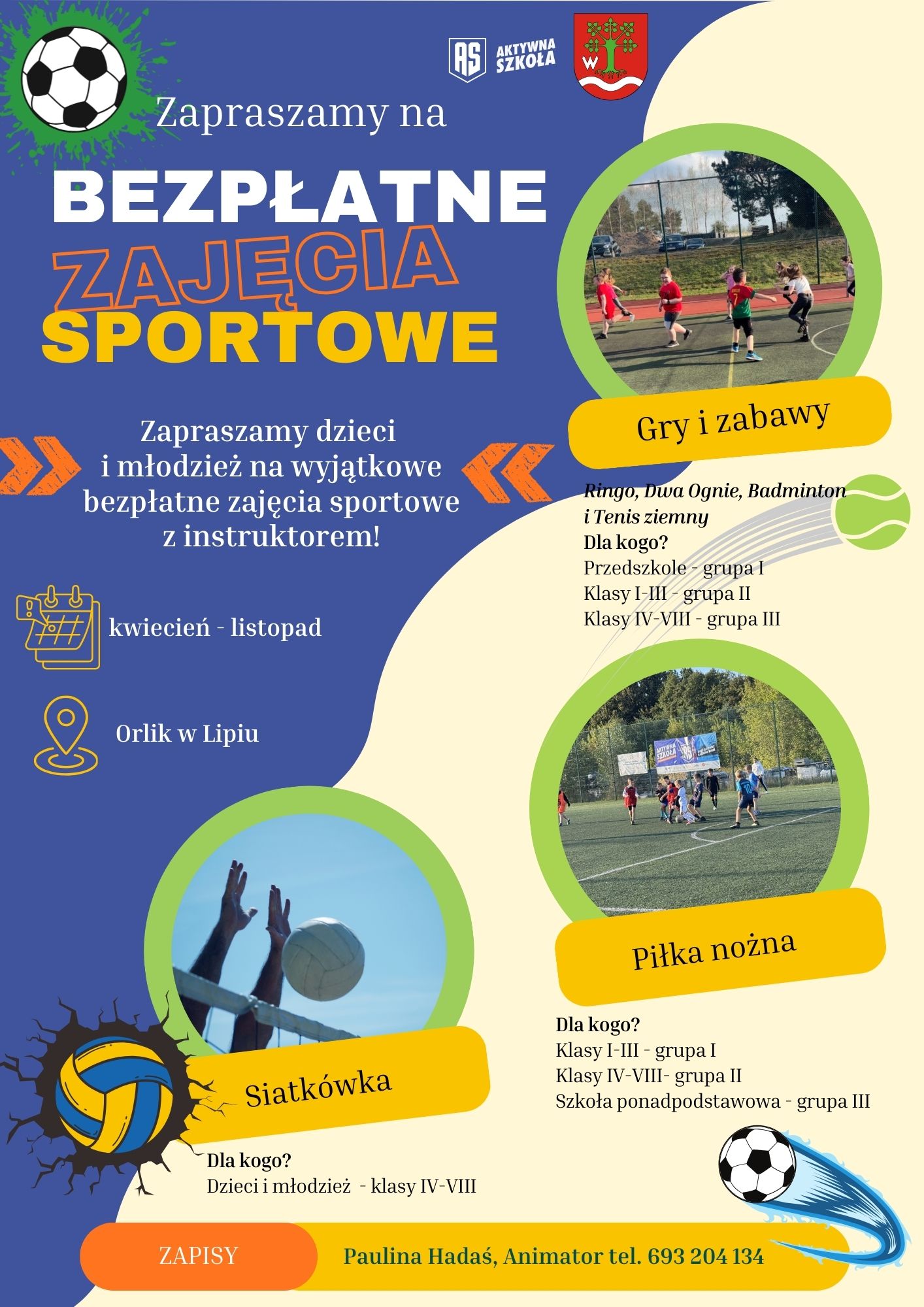 Bezpłatne zajęcia sportowe na orliku dla dzieci i młodzieży - gry i zabawy, piłka nożna, siatkówka