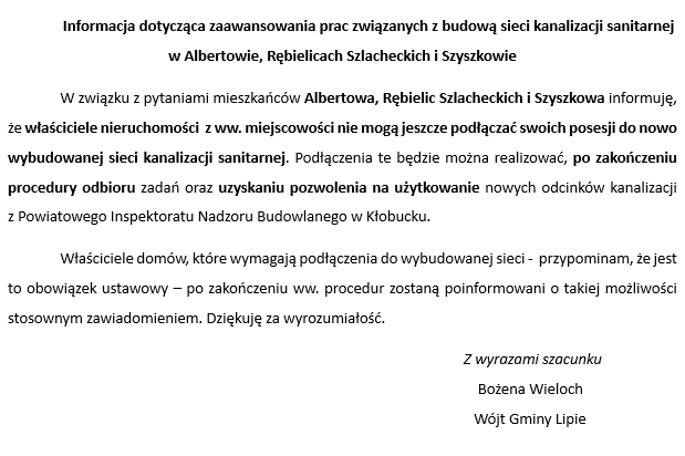 Informacja dotycząca zaawansowania prac związanych z budową sieci kanalizacji sanitarnej w Albertowie, Rębielicach Szlacheckich i Szyszkowie