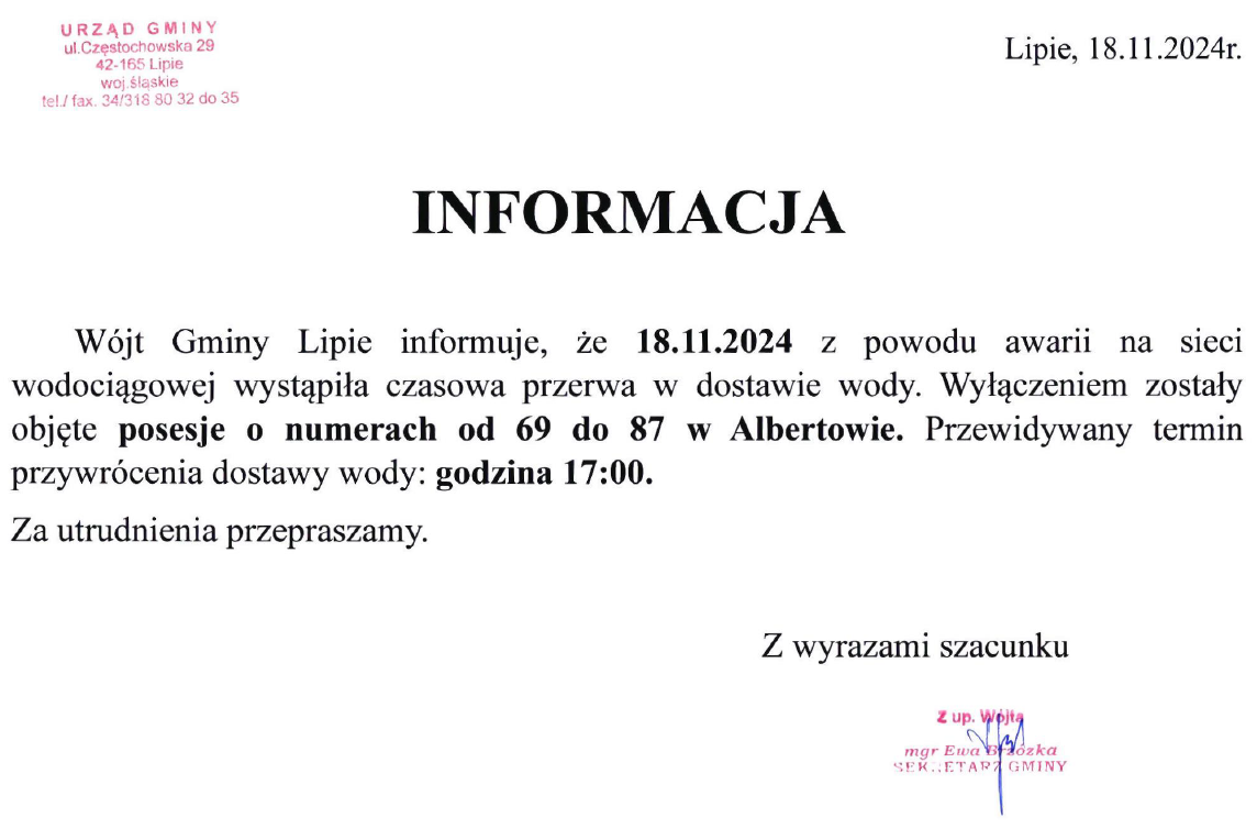 Informacja o przerwie w dostawie wody