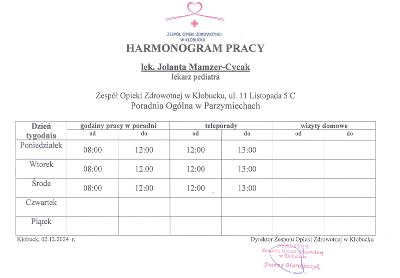 Harmonogram pracy lekarza w ośrodku w Parzymiechach.