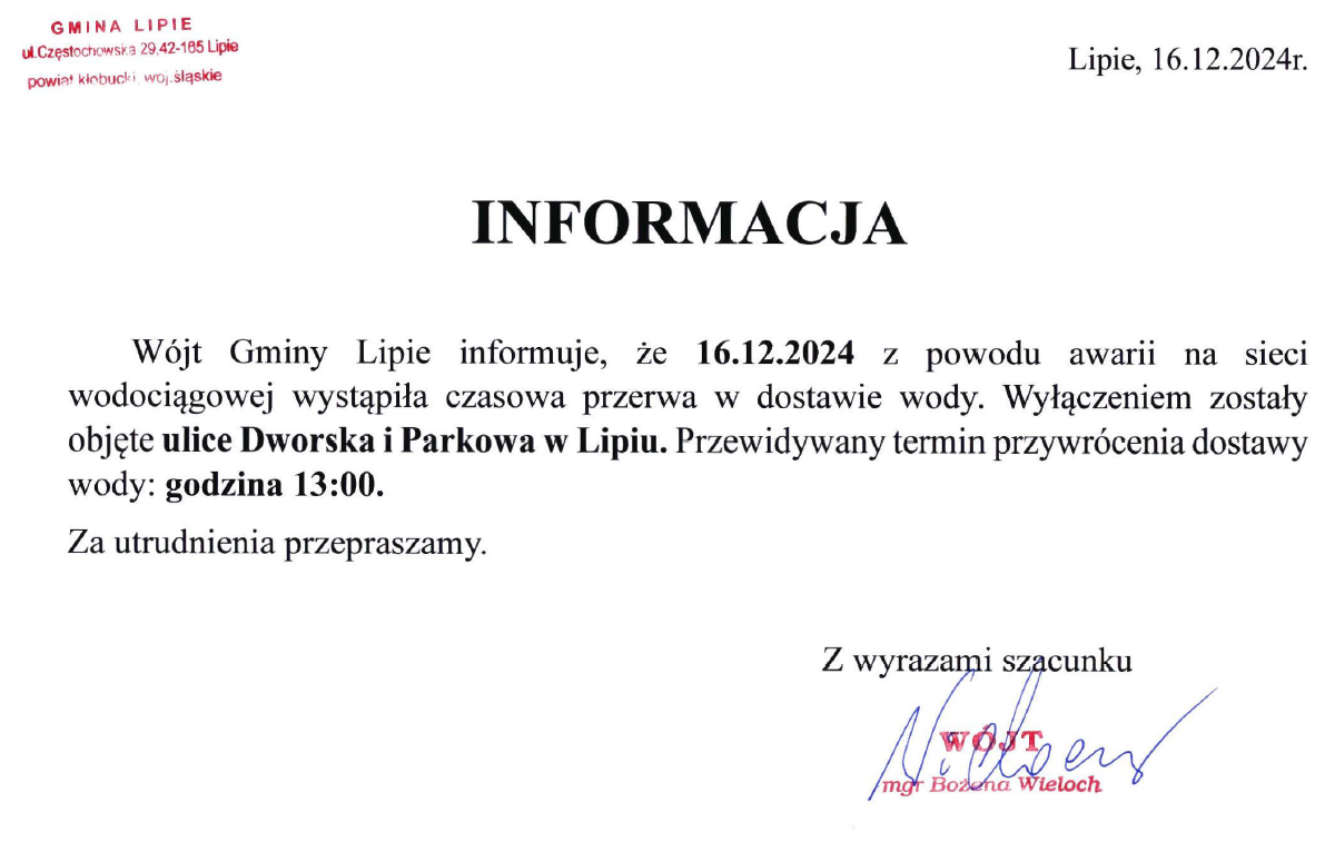 Informacja awariia na sieci wodociągowej