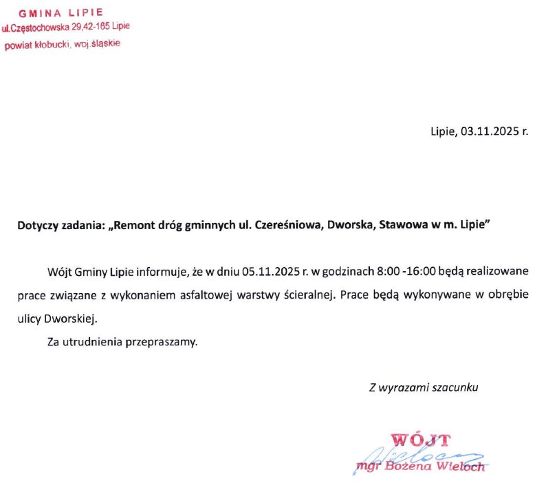 Informacja Wójta Gminy Lipie