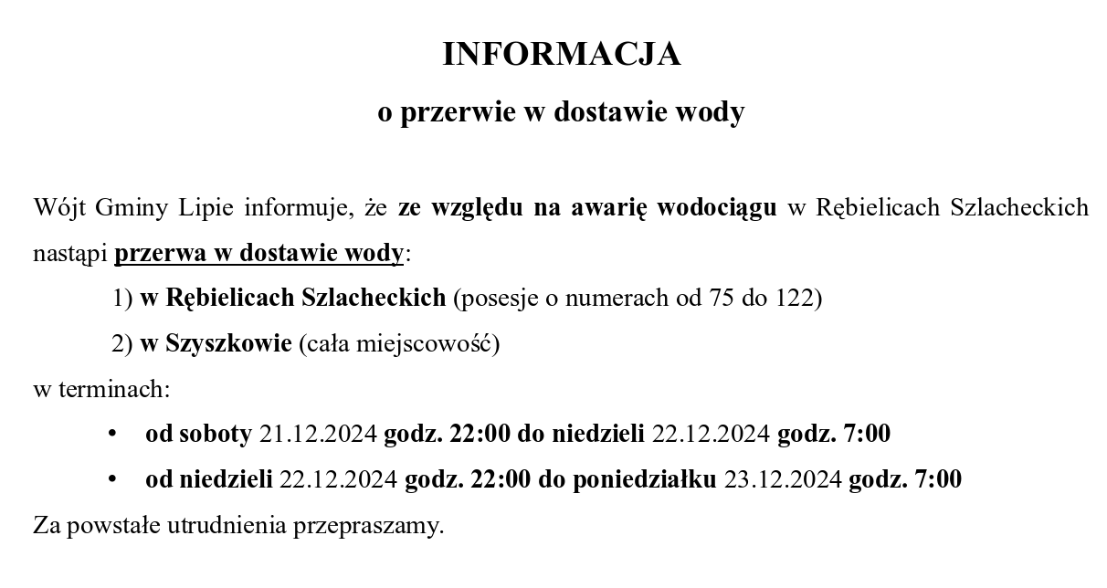 Informacja o przerwie w dostawie wody