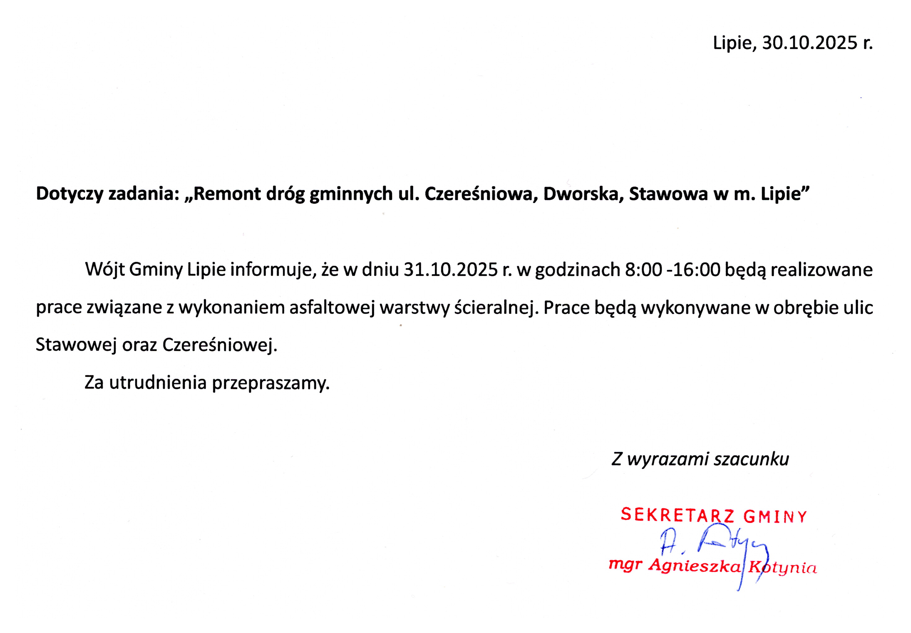 Informacja Wójta Gminy Lipie