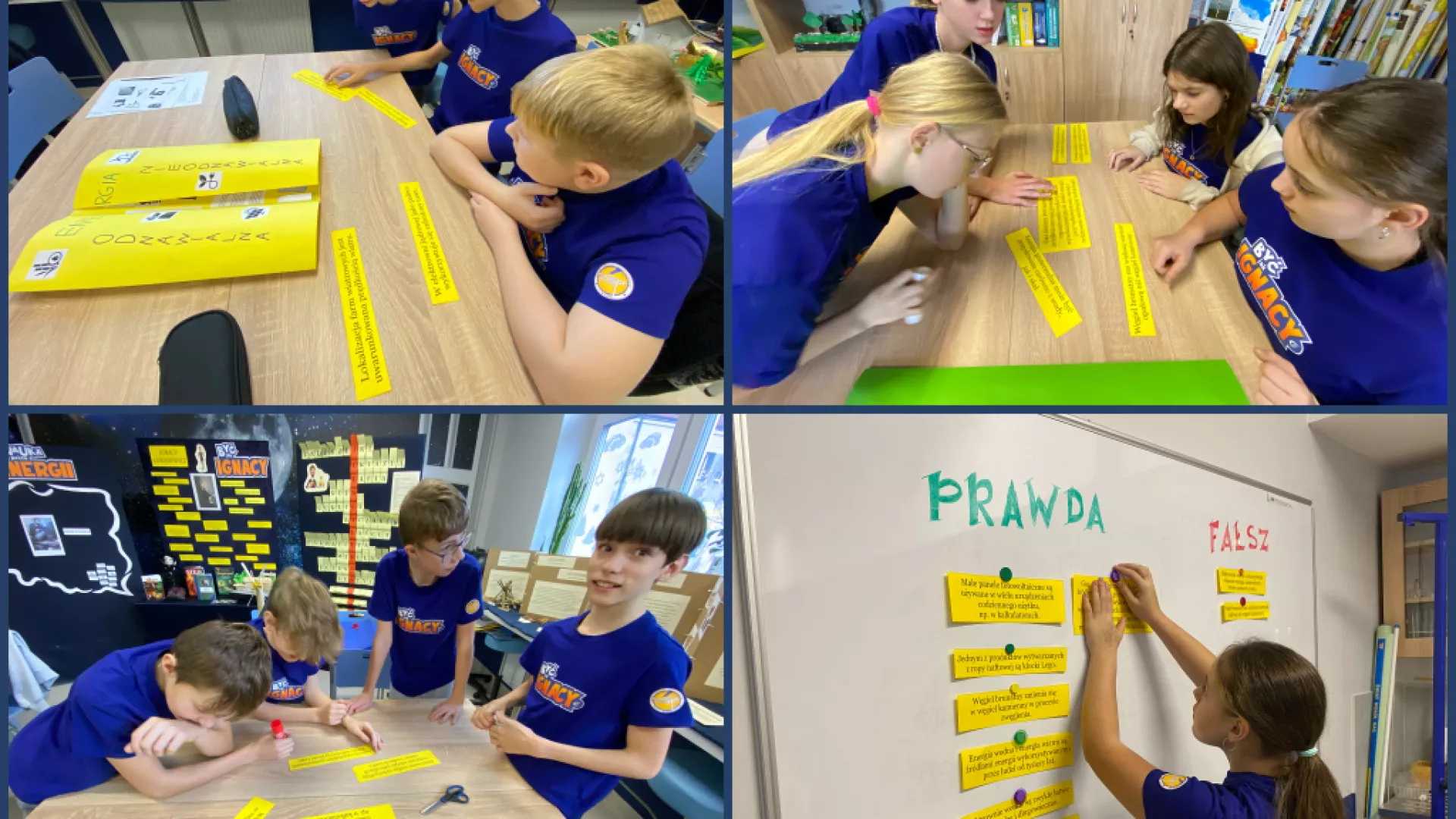 Kolaż czterech zdjęć przedstawiający uczniów rozwiązujących quiz prawda-fałsz