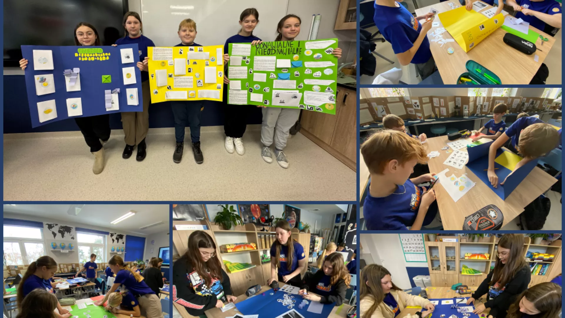Kolaż sześciu zdjęć przedstawiający uczniów wykonujących lapbooka