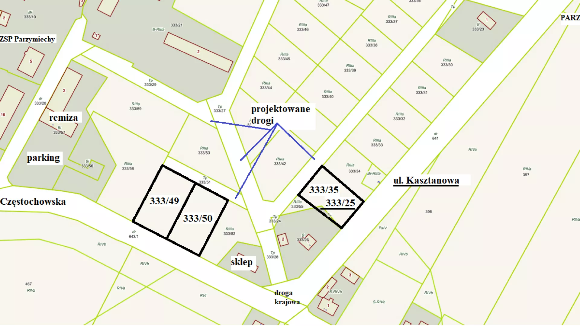 Mapa z zaznaczonymi działkami