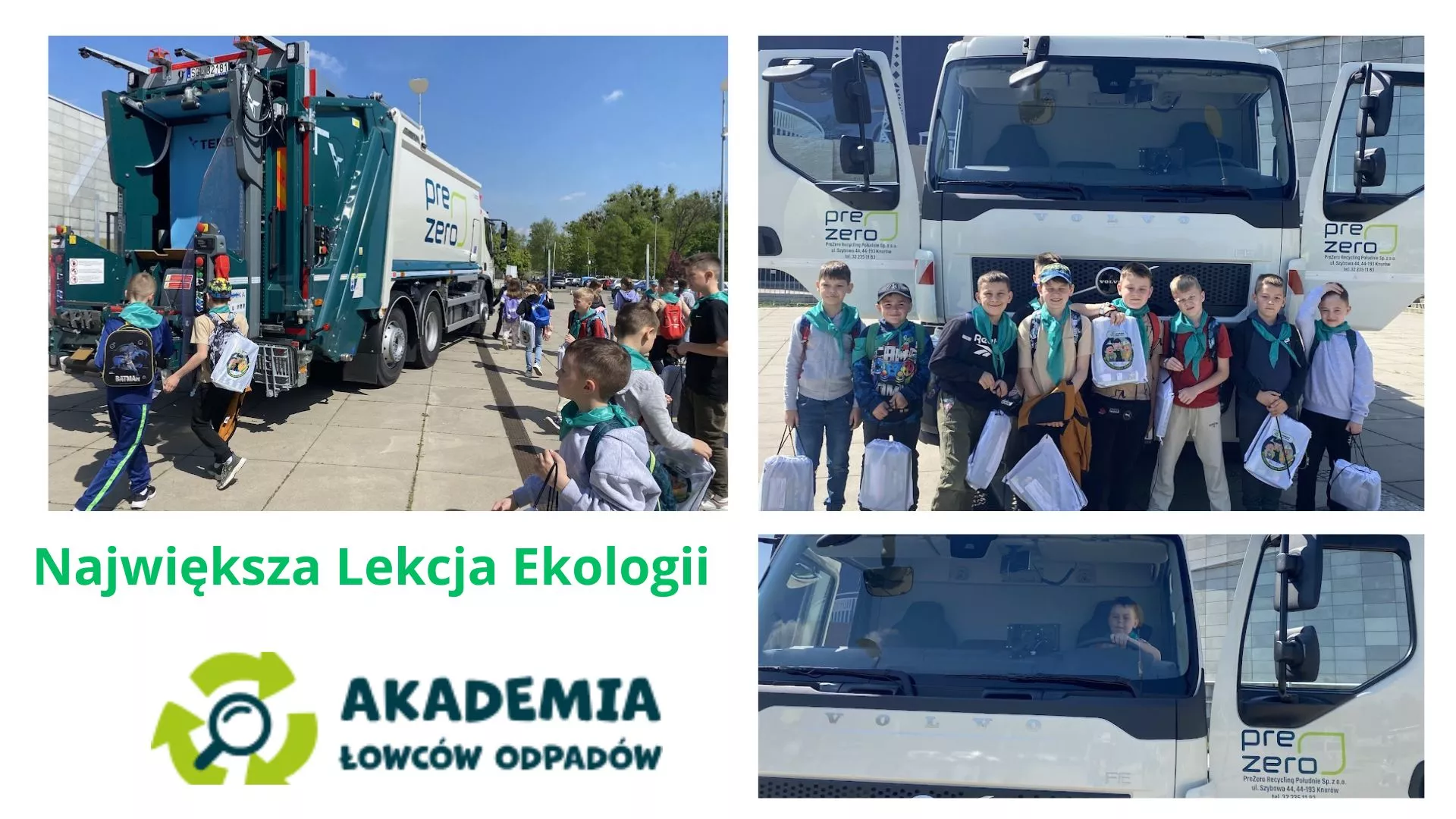 Kolaż zdjęć z podsumowania Programu Edukacyjnego Akademia Łowców Odpadów.