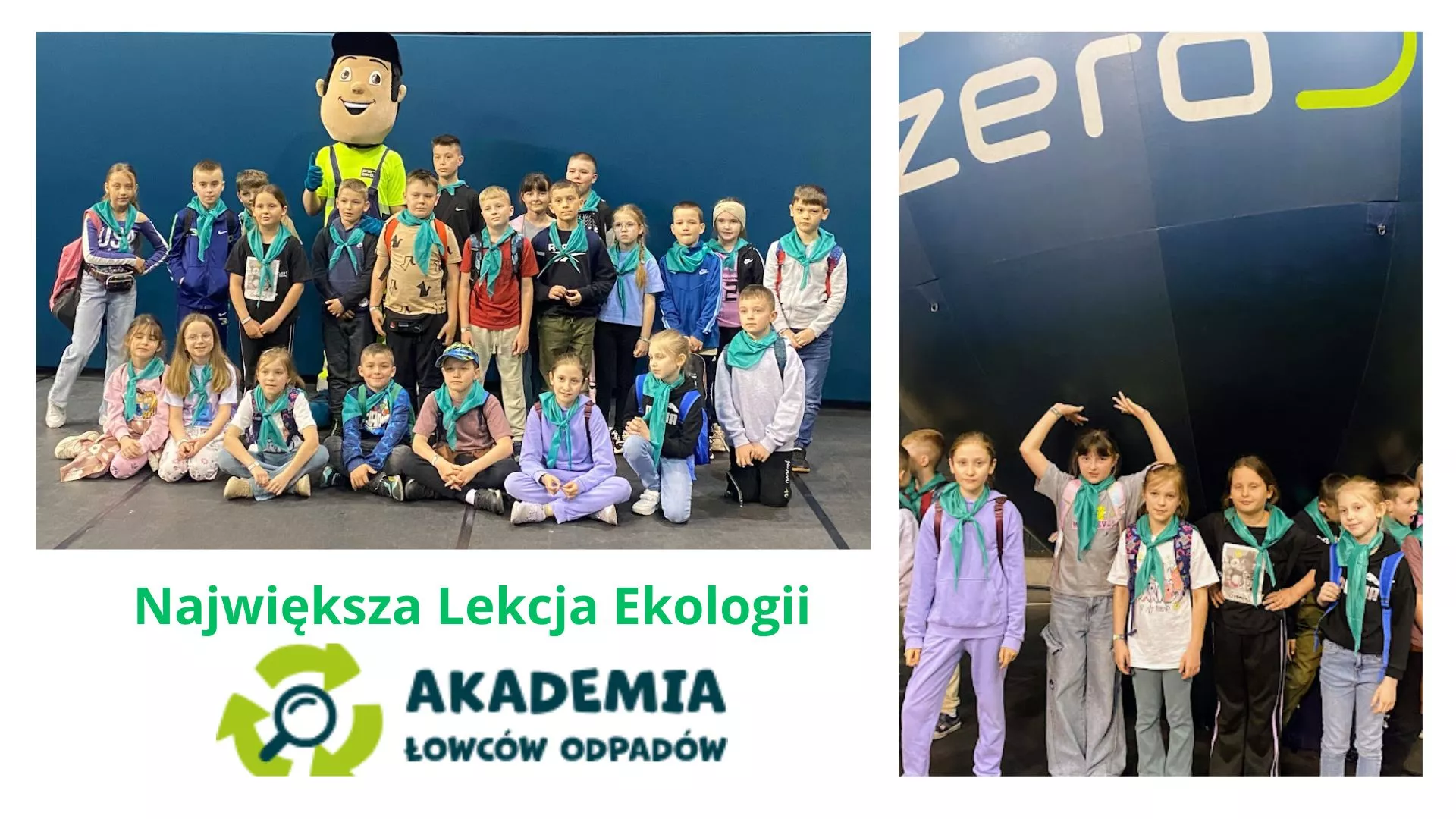 Kolaż zdjęć z podsumowania Programu Edukacyjnego Akademia Łowców Odpadów.