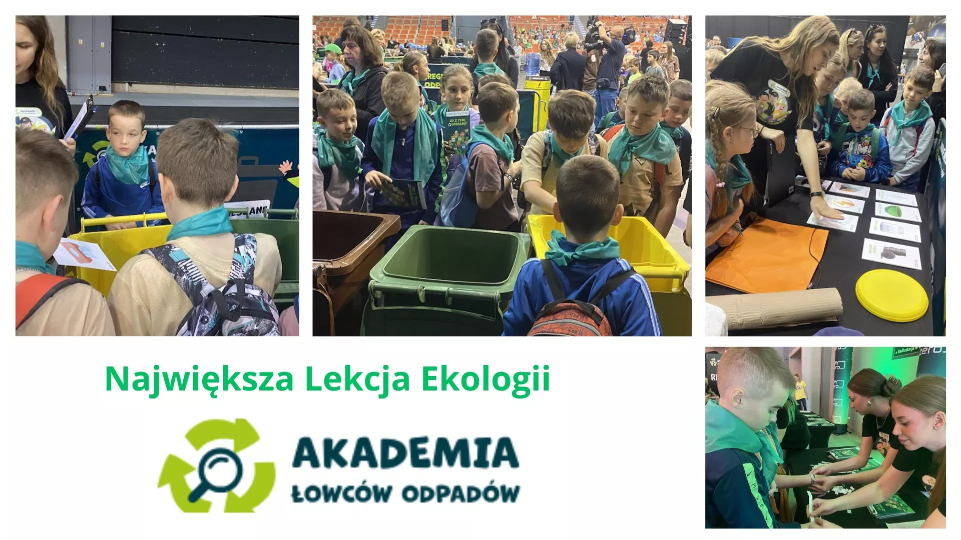 Kolaż zdjęć z podsumowania Programu Edukacyjnego Akademia Łowców Odpadów.