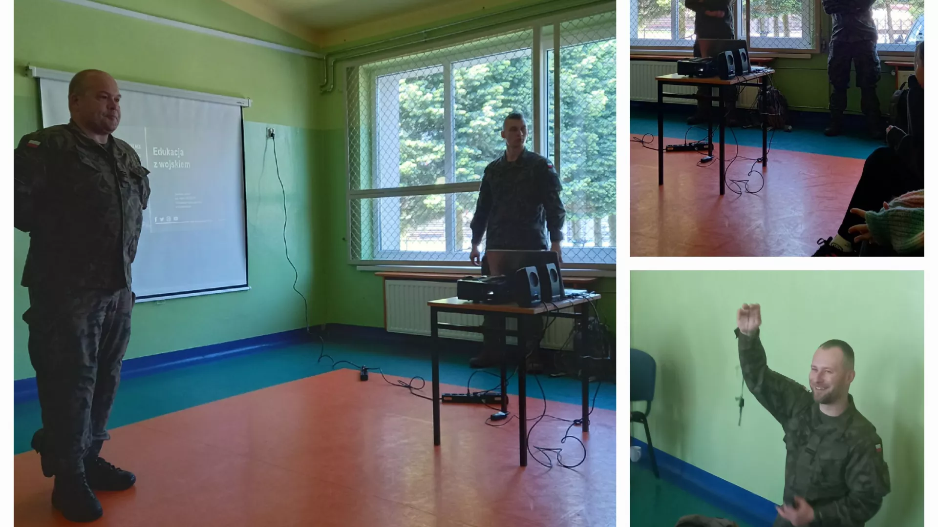 Kolaż zdjęć z zajęć w ramach trzeciej edycji programu Edukacja z wojskiem w szkole Lindowie.