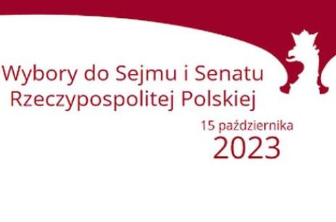 Białe godło z napisem wybory do Sejmu i Senatu Rzeczpospolitej Polskiiej 2023
