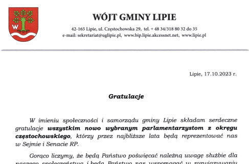 List gratulacyjny dla nowowybranych parlamentarzystów