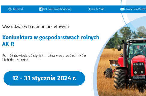 Plakat informacyjny zachechęcający do udziału w badaniu ankietowym:  Koniunktura w gospodarstwie rolnym (formularz AK-R)