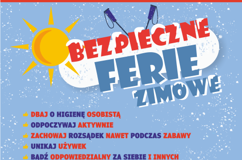 Plakat promujący wojewódzka akcję "Bezpieczne ferie 2024"
