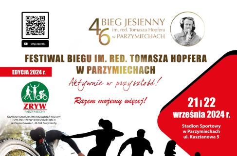 Napis na białym tle: "46 Bieg Jesienny im. red. Tomasza Hopfera w Parzymiechach Festiwal Biegu im. red. Tomasza Hopfera w Parzymiechach Aktywnie w Przyszłość! Razem możemy więcej!"