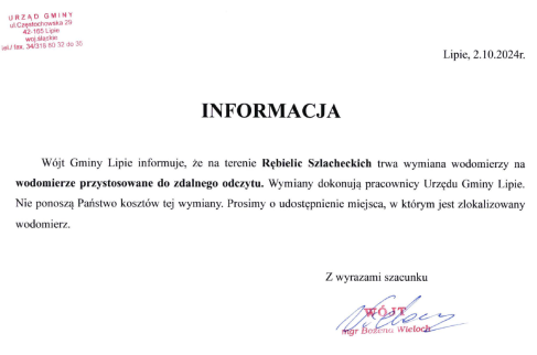 Informacja Wójta Gminy o wymianie liczników