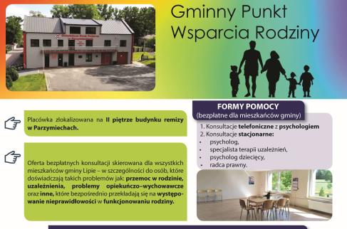 Zdjęcie przedstawia informacje dotyczące funkcjonowania oraz harmonogram pracy Gminnego Punktu Wsparcia Rodziny