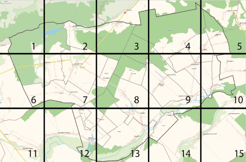 Mapa z podziałem na obszary przedstawiająca wnioski złożone  do Planu Ogólnego Gminy.