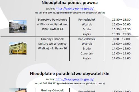 Nieodpłatna pomoc prawna i poradnictwo obywatelskie w naszym powiecie i w naszej gminie – harmonogram dostępności.