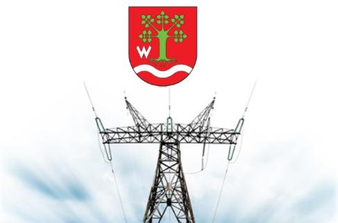 Słup energetyczny oraz czerwony herb z zielonym drzewem lipy