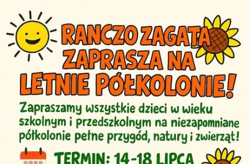 Plakat promocyjny półkolonii organizowanych przez Ranczo Zagata.