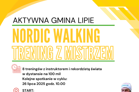 Plakat zapraszający na trening nordic walking, który odbędzie się 26 lipca