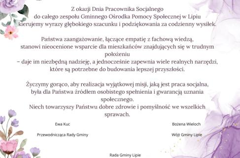 Życzenia z okazji Dnia Pracownika Socjalnego