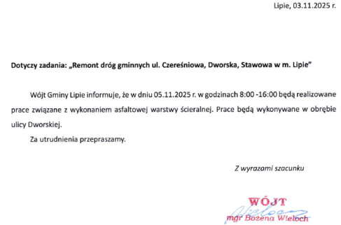 Informacja Wójta Gminy Lipie