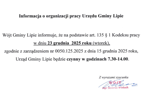 Informacja, ze Urząd Gminy Lipie dnia 23 grudnia będzie czynny w godzinach 7.30 do 14.00