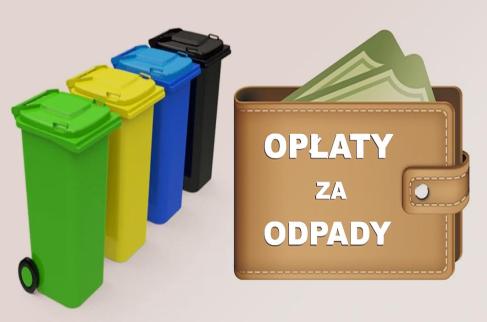 Cztery kosze na śmieci stojące jeden za drugim w kolorze zielonym, żółtym, niebieskim i czarnym obok duży portfel z napisem opłaty za odpady z wysuniętym z niego plikiem banknotów.