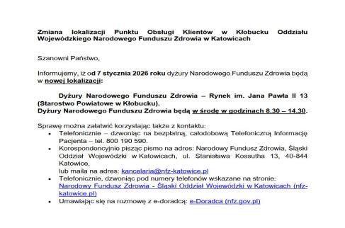 Zmiana miejsca obsługi klientów w punkcie NFZ w Kłobucku