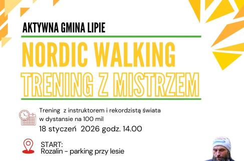 Plakat zapraszający na trening Nordic walking 18 stycznia o 14 w Rozalinie